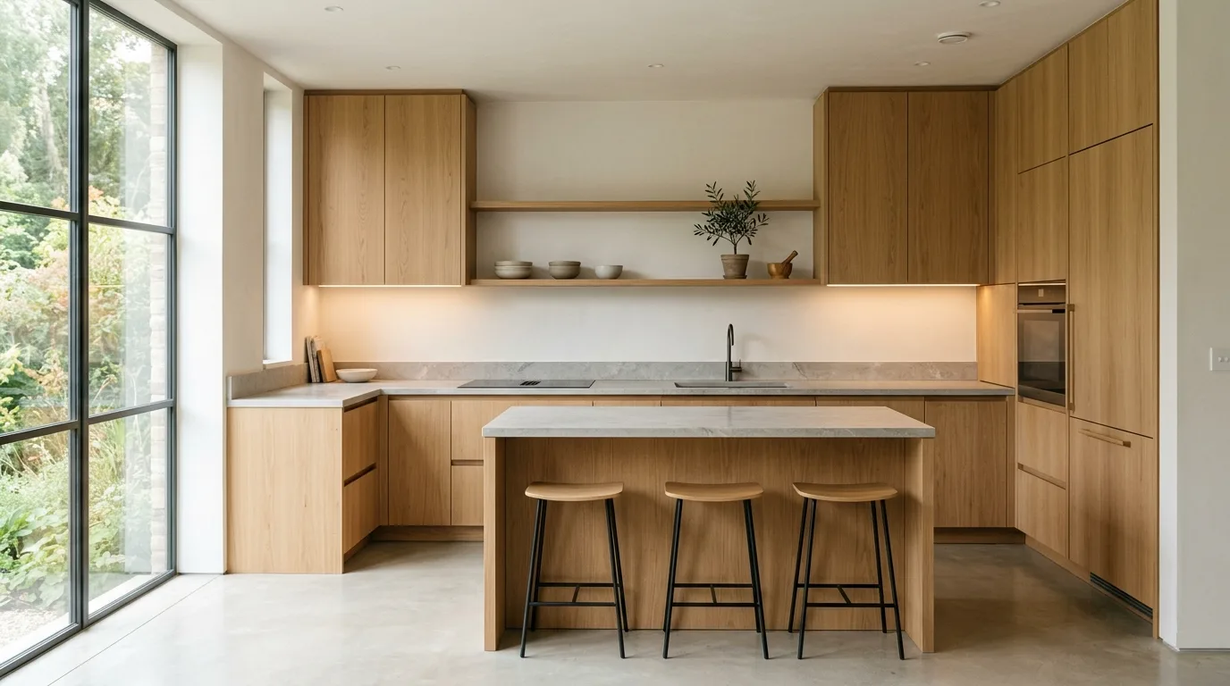 Keep the island visually clean and uncluttered inspiration for a Japandi kitchen.